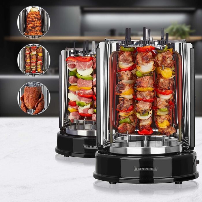 Шашличний гриль HEINRICHS для дому, шашлик гриль гриль з курки гірос шашлик, гриль гриль, електрогриль, барбекю, настільний гриль, вертикальний гриль з нержавіючої сталі в т.ч. 6 шашликів для шашлику, Heinrich's