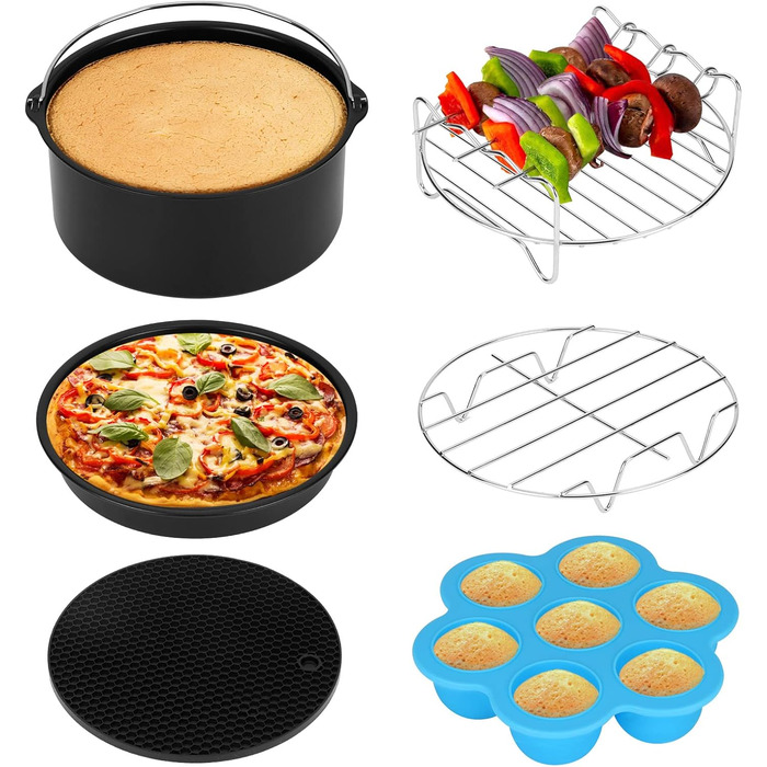Аксесуари для фритюрниці Wodasi, Аксесуари для фритюрниці 3.5 л Набір аксесуарів із шести предметів, Air Fyer для всіх брендів, форма для мафінів, форма для піци, форма для випічки, решітка для приготування на пару, силіконовий килимок, решітка для гриля