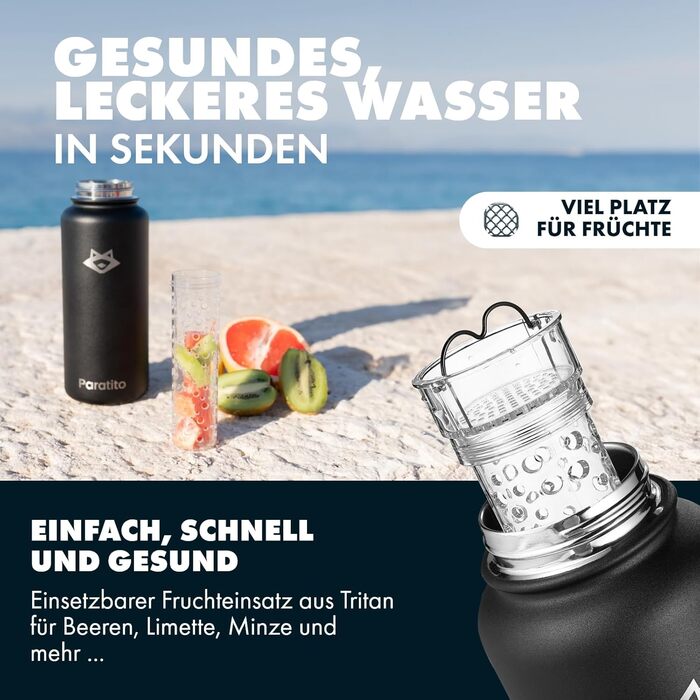 Пляшка для води з нержавіючої сталі 1 л аксесуари для чаю - термос, ситечко для чаю, заварювач для фруктів, спортивна кришка, насадка-трубочка (подарунковий набір чорного кольору)