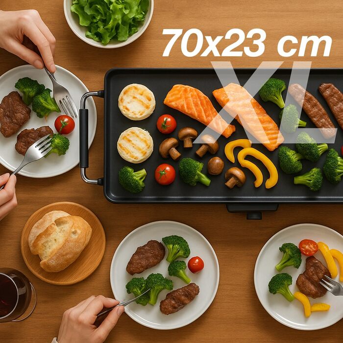 Електричний гриль-теппаньякі BEPER P101BBQ070 XL (70 x 23 см), антипригарне покриття, регульований термостат, термостійкі ручки, піддон для жиру та знімний кабель, 2000 Вт, без BPA та PFOA
