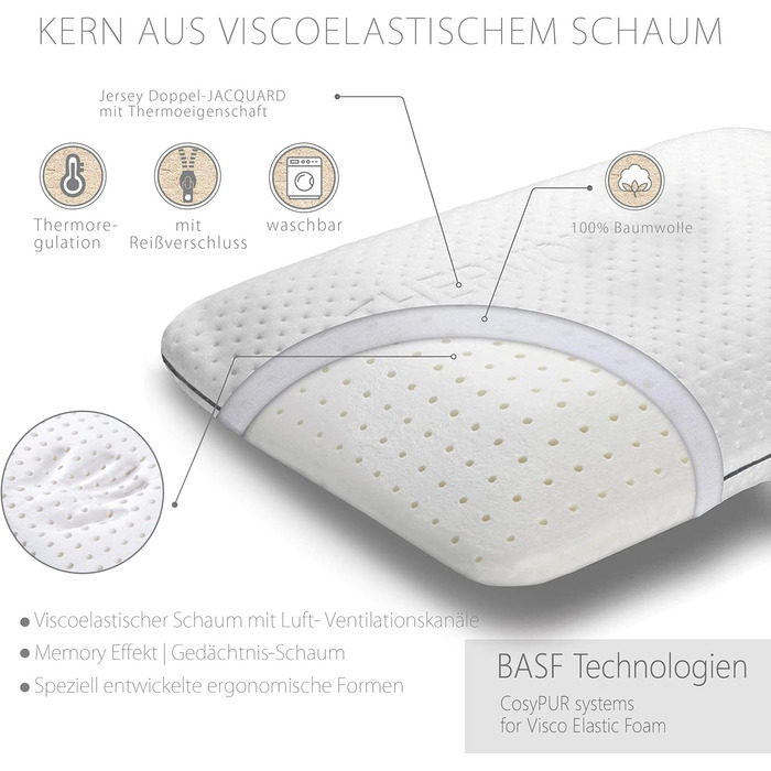 Подушка для сну на боці sei Design VISCO, ортопедична подушка для підтримки шиї Терморегулюючий чохол В&39язкоеластична подушка з піни з ефектом пам&39яті Подушка для шиї Подушка з піни з ефектом пам&39яті 54x40x11/9 см висока ортопедична
