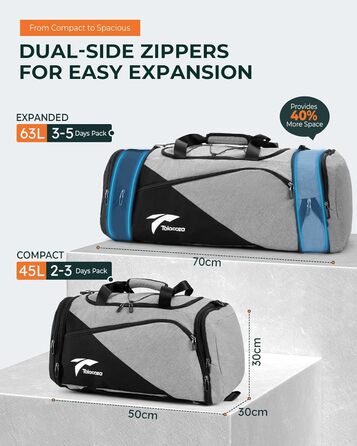 Спортивна сумка-рюкзак Tolaccea для чоловіків та жінок, велика розширювана спортивна сумка об&39ємом 45-63 л з відділенням для взуття, відділенням для вологих речей, відділенням для ноутбука, дорожня сумка, сумка для тренувань для спортзалу, подорожей, пл