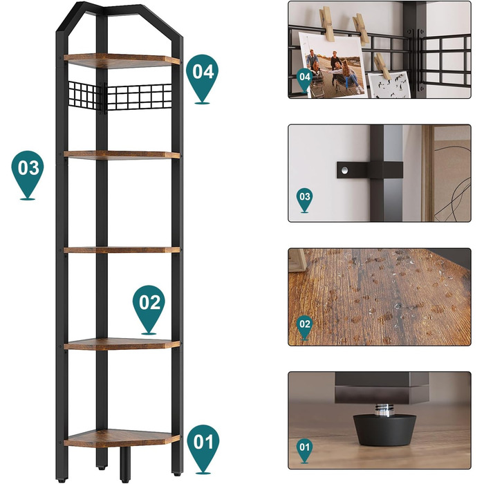 Кутова полиця YMYNY, книжкова полиця з 5 полицями, дротяна сітка, 28x28x180 см, полиця-драбина, полиця для рослин для вітальні, спальні, кухні, балкону, промисловий дизайн, вінтажна HBR006H
