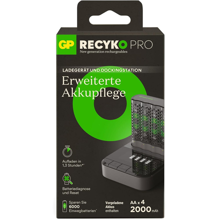 Зарядний пристрій GP RECYKO PRO USB P461, включаючи 4 батарейки RECYKO PRO AA 2000 мАг та USB-док-станцію, зарядний пристрій із док-станцією та 4 батарейками AA