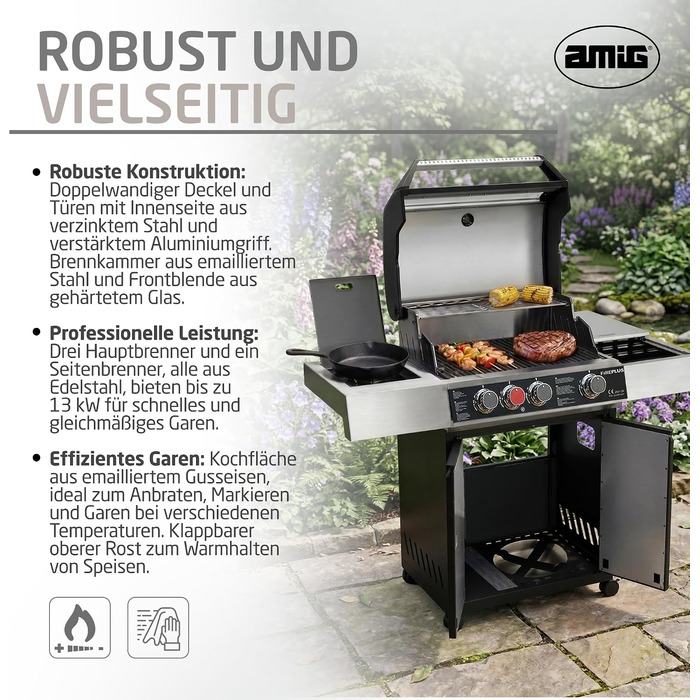 Газовий гриль Amig Fireplus XL GRILL-2 4F (129 x 55 x 115 см) чавунна решітка (60 x 41,5 см), термометр, бічна полиця, нижня шафа та колеса з гальмами, чорний