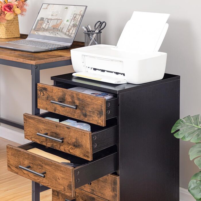 Шафа для документів HOOBRO, мобільна підставка з 5 шухлядами, дерев&39яна офісна шафа, комод для зберігання речей, індустріальний стиль, легке складання, сільський колір, темно-коричневий та чорний EBF05WJ01G1