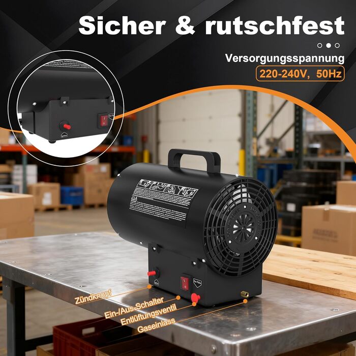 Газовий обігрівач на пропані потужністю 10 кВт для використання всередині приміщень, газовий вентилятор-обігрівач з редукційним клапаном 700 мбар, продуктивністю 320 м/год, газовий радіаційний обігрівач для будівельних майданчиків, вентильованих складськи