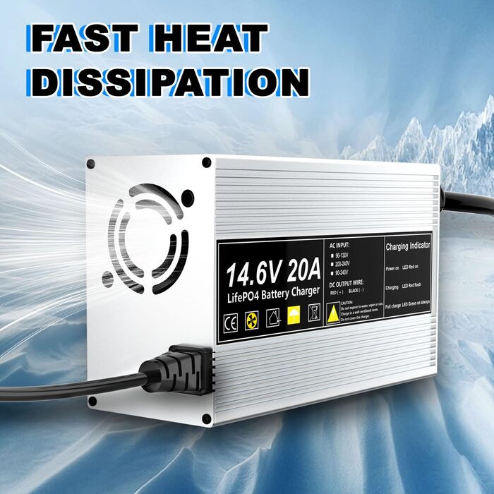 Зарядний пристрій LiFePO4 14,6 В 20 А для літій-залізофосфатних акумуляторів 12 В (12,8 В), швидка зарядка, захищає акумулятор