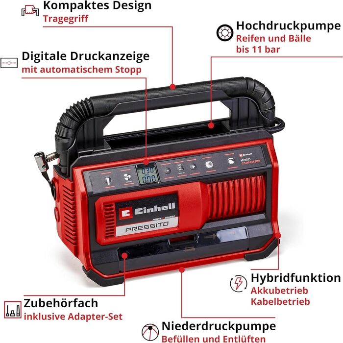 Гібридний компресор Einhell PRESSITO 18/25 Hybrid Power X-Change (18 В, живлення від кабелю або акумулятора, макс. 11 бар, у компл