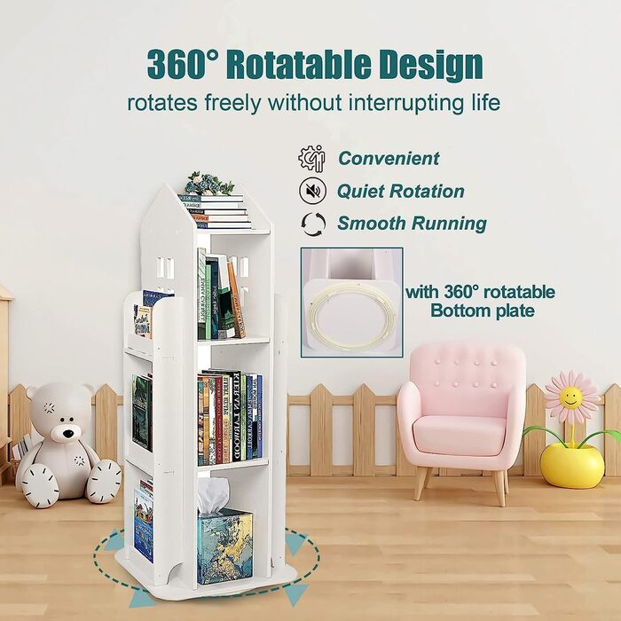 Рівнева обертова книжкова полиця для дітей, полиця, обертова полиця, біла, обертова книжкова полиця, підлогова полиця, дитяча книжкова полиця для спальні, вітальні, кабінету, 40x40x95 см, 3-