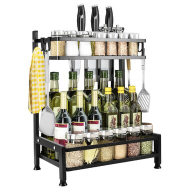 Рівнева стійка для спецій, підставка для спецій на кухонну стільницю, органайзер для стійок для спецій з вуглецевої сталі, чорні стійки для спецій з гачками, органайзер для спецій для кухні, шафи, ванної кімнати, 2-