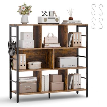 Книжкова полиця ELUCHANG, окремостояча полиця з 8 відділеннями, 3-рівнева полиця з безкоштовними гачками, для вітальні, спальні, кабінету, кухні, 30x94x95 см, вінтажний коричнево-чорний