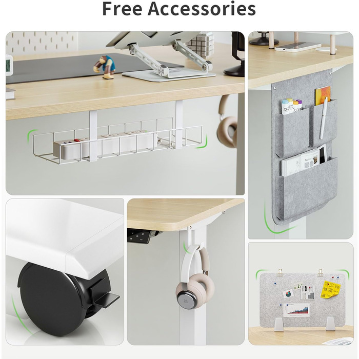 Письмовий стіл з регульованою висотою (140 x 70 см) Комп&39ютерний стіл з електричним регулюванням висоти, 4 режимами пам&39яті, дошкою для записів та колесами, що обертаються на 360 Стіл SN1 140 x 70 см, дуб біла рама