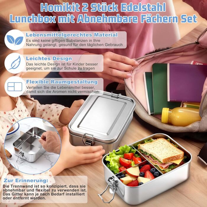 Набір ланчбоксів Homikit з розділеннями, 2 шт., 850 мл, нержавіюча сталь. Металеві контейнери для обіду, сніків, герметичні, з ущільнювальним кільцем для школи, офісу, пікніка. Можна мити в посудомийній машині.