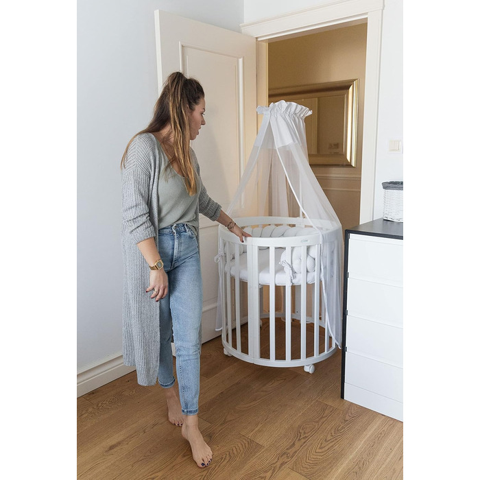 Дитяче ліжко Waldin Oval, комплект трансформованого 7-в-1, ліжечко, дитяче ліжко з матрацом, пеленальний столик, приліжкове ліжечко, дерево білого кольору, комплект тканини не входить до комплекту