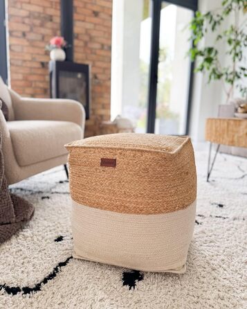 Beliani Boho Pouf Cotton and Jute Square Beige Kirama, Beliani Boho Pouf Cotton and Jute Square Beige Kirama