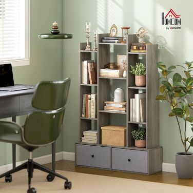 Книжкова полиця HOMCOM Tree, 12-ярусна підлогова книжкова шафа з 2 складними шухлядами, окремостояча книжкова полиця для зберігання речей, вітальні, домашнього офісу, спальні, графітовий ефект дерева