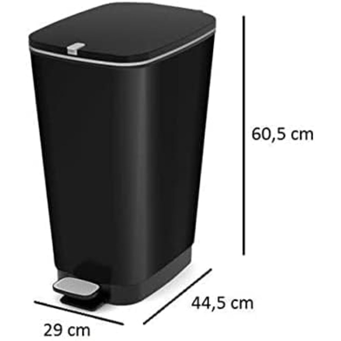 Педальний смітник 45 літрів з кришкою та педаллю, тримач для вкладишів, чорний металік, 29 x44,5 x 60,5 см 45 літрів, чорний метал