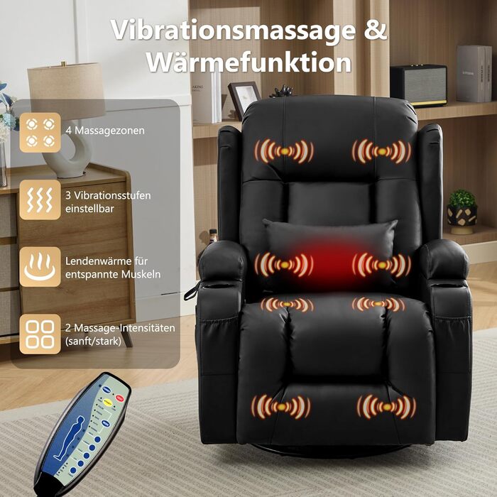 Крісло-гойдалка з функцією відкидання спинки, масажне крісло з функцією підігріву, крісло для телевізора з поворотом на 360 для вітальні, крісло-гойдалка з подушками/бічними кишенями/підстаканником (чорне)