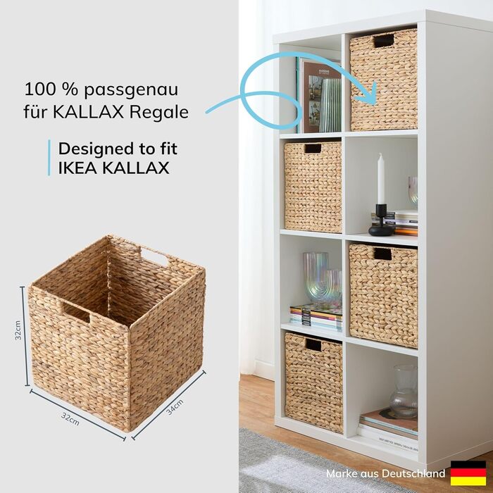 Кошики Kallax, набір з 4 шт. Натуральний водяний гіацинт Ідеально підходить для полиць Kallax 34 x 32 x 32 см Кошик для зберігання Полиця-коробка Коробка для зберігання Міцний, складний Спеціальна пропозиція