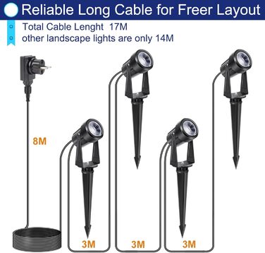 Світлодіодні садові ліхтарі NIORSUN, теплий білий світлодіодний прожектор 3000K, водонепроникний садовий прожектор IP67, садові ліхтарі 17 м 12 В з адаптером, зовнішні садові ліхтарі для саду, двору, дерев (4 шт.) теплий білий 4-в-1