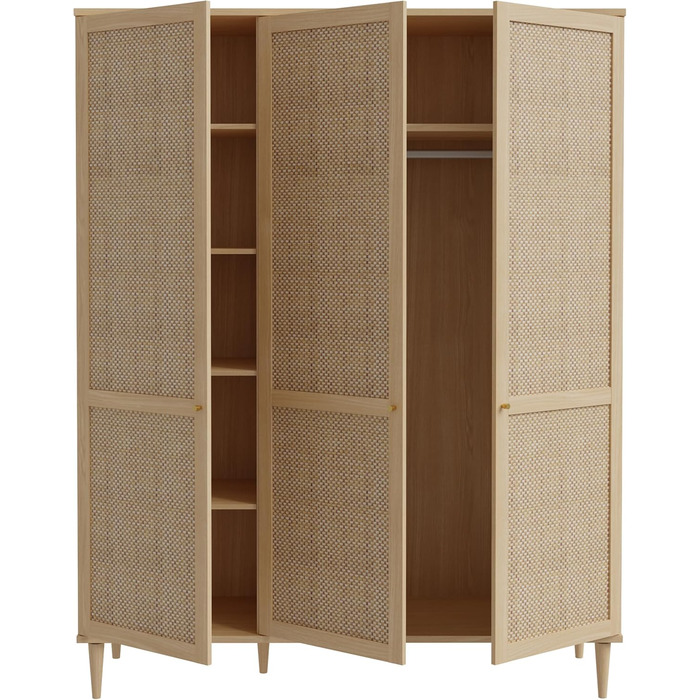 Шафа 165, Шафа в стилі бохо з 3 дверима, вішалка для одягу, полиці, інженерна деревина, декор дуба Elegancia/технораттан, 165 см завширшки x 208 см заввишки x 52 см завглибшки, 3-дверна шафа