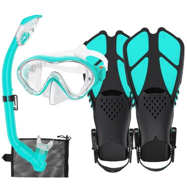 Набір для дитячого підводного плавання з ластами, панорамна маска для дайвінгу з широким оглядом 180 та захистом від запотівання, регульовані ласти, високоякісна маска для підводного плавання та трубка сухого типу, колір аквамариновий