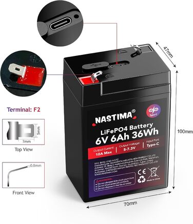 Акумуляторна батарея NASTIMA 6V 6Ah 36Wh LiFePO4 із захистом BMS та 2000 циклами глибокого розряду/розрядки, що не потребує обслуговування, зарядка через роз&39єм Type-C, підходить для аварійного освітлення, дитячих іграшкових машинок, моторних човнів, ке