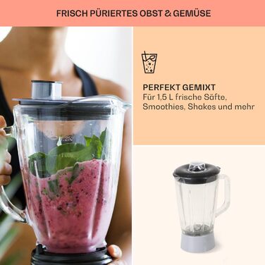 Кухонний комбайн Klarstein з м'ясорубкою, тістомісильна машина потужністю 1800 Вт маленька, 6 рівнів, вінчик для перемішування та гачок для тіста, планетарна мішалка, змішувальна машина з міксером Classic Cream