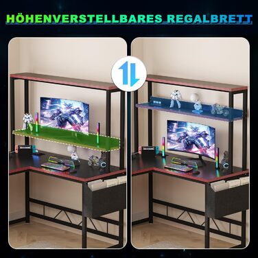 Кутовий ігровий стіл Devoko 155x100 см - світлодіодне освітлення, 2 розетки 2 USB-порти, чорний - Комп&39ютерний стіл із місцем для зберігання для геймерів та домашнього офісу 155 x 100 см, чорний