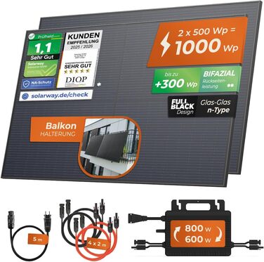 Балконна електростанція Solarway потужністю 800 Вт із сонячними модулями потужністю 1000 Вт Комплект з інвертором Hoymiles HMS-800W-2T 2 двосторонні чорні сонячні панелі по 500 Вт Міні-фотоелектрична система для розетки, включаючи аксесуари (без сховища і