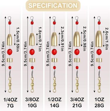 Рибальські оснастки Carolina, 5 шт. , готова оснастка CRR Carolina Ready Rig з латуні, попередньо зібрана, з рибальським вантажем, вертлюгом для лову окуня, для морської та прісної води, розміри 1/4, 3/8, 1/2, 3/4, 28,3 г, золотистого кольору, 3/4 унції -