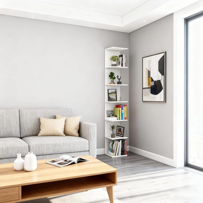 Книжкова полиця, окремостояча полиця з 6 полицями, біла настінна полиця, кухонна полиця, полиця для рослин, окремостояча настінна, для кухні, вітальні, спальні