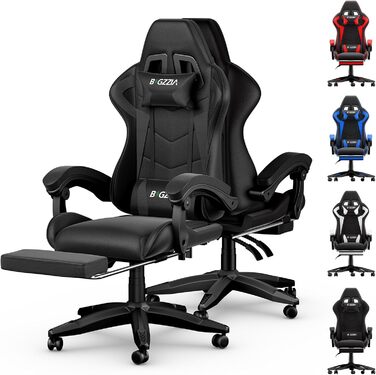 Геймерське крісло з висувною підставкою для ніг та регульованою поперековою опорою, ергономічне комп&39ютерне крісло з синтетичної шкіри з можливістю нахилу 90-155, офісне крісло з піни з ефектом пам&39яті та подушкою для шиї (чорне)