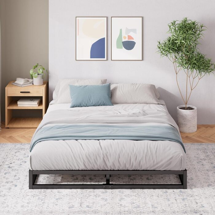 Каркас ліжка Zinus Joseph 140x200 см - Металеве ліжко 140x200 з дерев&39яною рейковою основою - Низький дизайн 15 см - Компактне пакування та легке складання - Чорний колір 140x200 см, висота 15 см