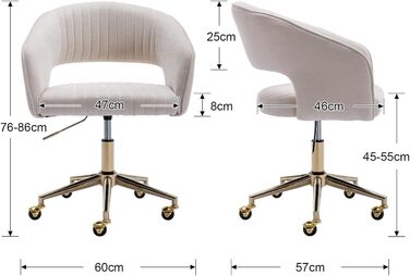 Офісний стілець з шенілу, ергономічне робоче крісло з підлокітниками, обертове крісло з колесами, туалетний стілець, регульована висота для домашнього офісу та офісу, бежевий