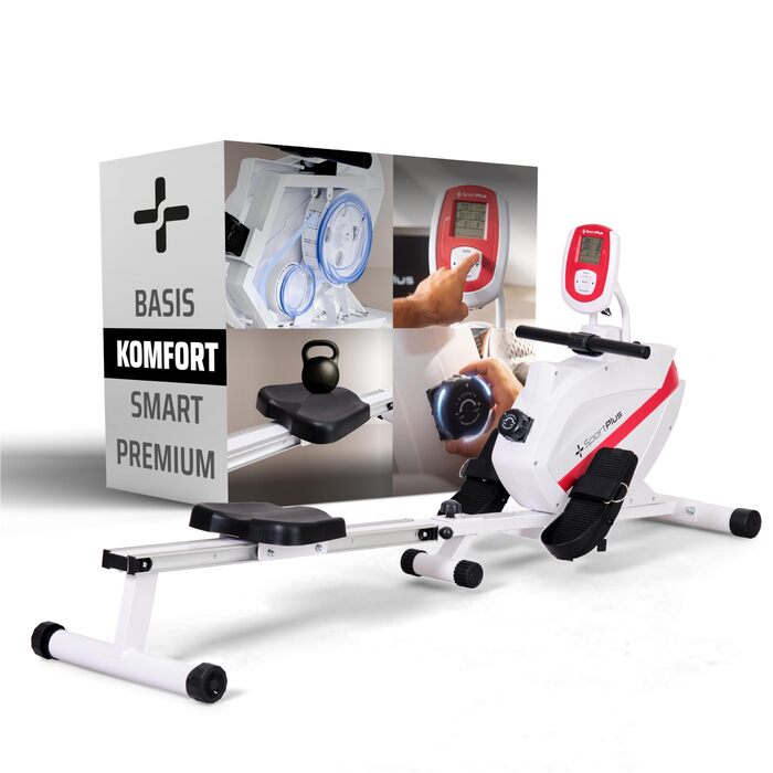 Складаний гребний тренажер SportPlus для домашнього використання - Розроблено в Німеччині - Для початківців та досвідчених користувачів - Гребний тренажер з магнітним опором, надзвичайно тихий, складний та компактний, до 150 кг, білий/червоний