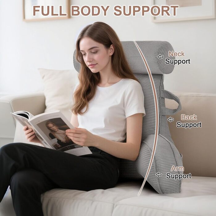 Подушка для спини MINGPINHUIUS, подушка для читання для ліжка та дивана зі знімним валиком для шиї, велика подушка для спини з підлокітником, ідеально підходить як опора для спини для читання, перегляду телевізора, відпочинку, роботи, ігор (сіра)