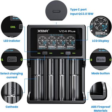 Зарядний пристрій XTAR VC4 Plus з адаптером QC3.0, одночасна зарядка літій-іонних та нікель-металгідридних акумуляторів, швидкий зарядний пристрій 3A, зарядний пристрій на 4 акумулятори VC4 PLUS