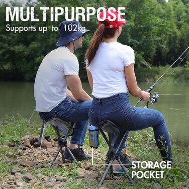 Складаний стілець EVER ADVANCED, складний стілець-тринога, надлегкий, кемпінговий стілець, висота 53,3 см, вантажопідйомність 102 кг з бічною кишенею, портативний складний рибальський стілець для кемпінгу, полювання, пішого туризму, риболовлі, чорно-сірий