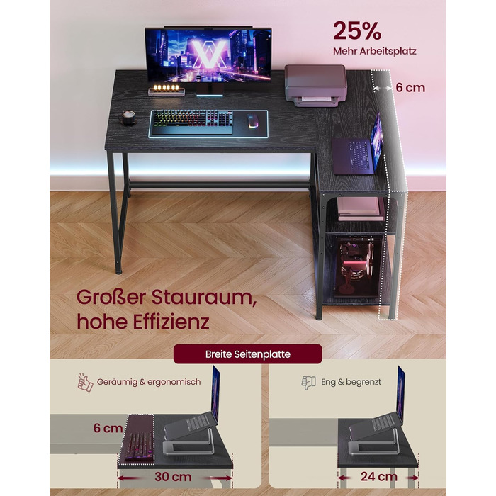 Г-подібний кутовий стіл, комп&39ютерний стіл з місцем для зберігання, офісний стіл, полиця з регульованою висотою, для домашнього офісу, 110 x 80 см, чорний колір ебенового дерева LWD135BE01 Чорний колір ебенового дерева 110 x 80 см Без подовжувача