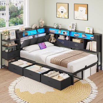 Дитяче ліжко DICTAC 90x200 см з 6 шухлядами, світлодіодним освітленням та зарядною станцією Багатофункціональний диван-ліжко з вбудованою тумбочкою та прихованим місцем для зберігання в узголів&39ї (чорний) 90x200 см