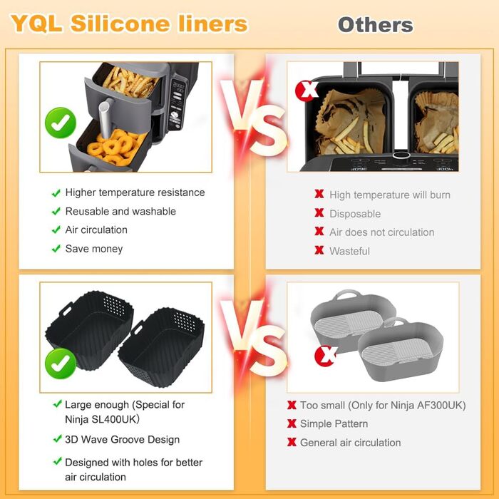 Силіконові форми YQL для подвійної фритюрниці Ninja SL400EU/ SL400EUCP, силіконова вставка для фритюрниці 2PCS, аксесуари для фритюрниці Ninja Foodi Max Dual Zone AF400EU/ AF400EUCP (чорна)