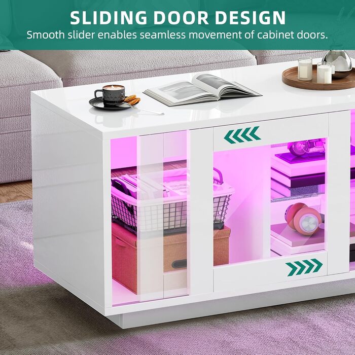 Білий журнальний столик YITAHOME, глянцевий стіл для вітальні з сучасним світлодіодним освітленням, білий бічний столик з відкритою регульованою полицею для демонстрації, 80x40x45 см