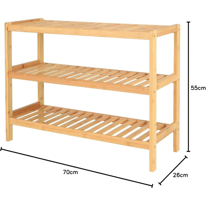 Полиця для взуття dibea з 3 полицями, бамбукова шафа для взуття, окремостояча полиця, кухонна полиця, полиця для вітальні, 70x26x55 см, натуральний колір, натуральний, 70x26x55 (3 полиці)