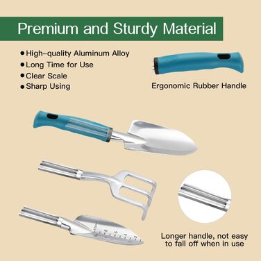 Набір садового інструменту Housolution, 8 предметів, міцний алюмінієвий сплав, з сумкою для зберігання з гумовим покриттям, ідеальний подарунок для садівників, синьо-чорний