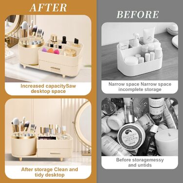 Органайзер для косметики Cinnani Make-Up, багатофункціональний косметичний органайзер, що обертається на 360, для туалетного столика, ванної кімнати та спальні, з багатофункціональною невеликою шухлядою (бежевий)