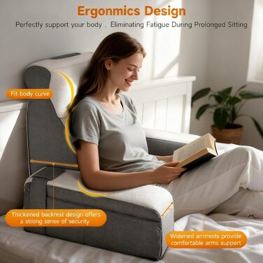 Велика подушка для читання зі знімним потиличним валиком та підлокітником, подушка для спини ліжка, ергономічна подушка для спини з підлокітником, кишеня та чохол, який можна прати, для читання та перегляду телевізора.