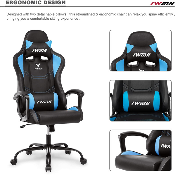 Геймерське крісло IntimaTe WM Heart, геймерське крісло з ергономічною спинкою, регульованим підголівником та поперековою опорою, синє