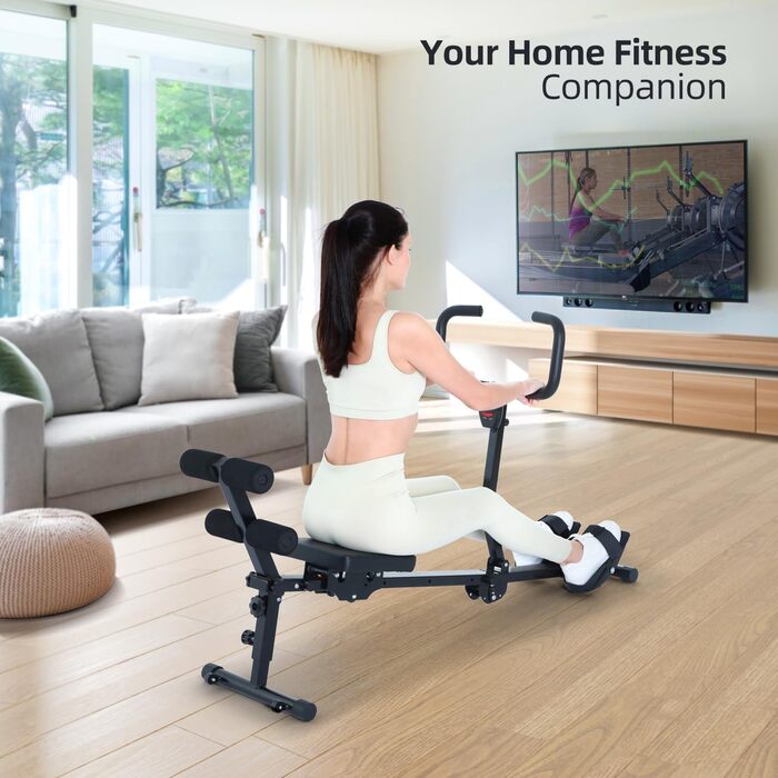Складаний гребний тренажер Sportneer для дому, гідравлічний складний гребний тренажер з 12 рівнями опору, домашнє фітнес-обладнання, тренажер для пресу з U-подібною ручкою та спинкою, витримує до 135 кг, чорний